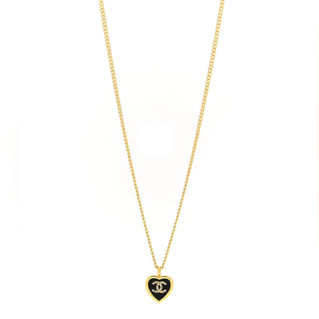 Metal Resin Crystal CC Heart Necklace Gold Black