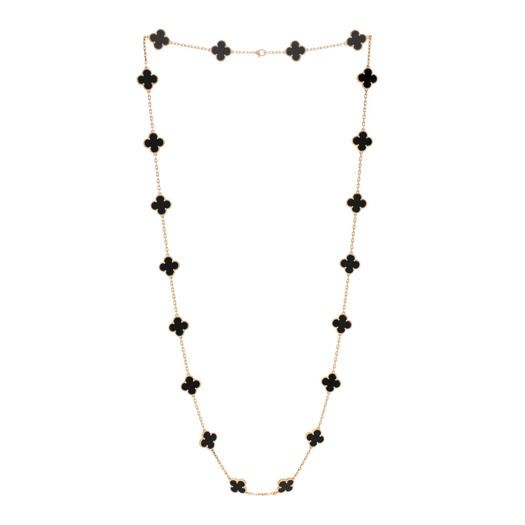 18K Yellow Gold Black Onyx 20 Motifs Vintage Alhambra Necklace