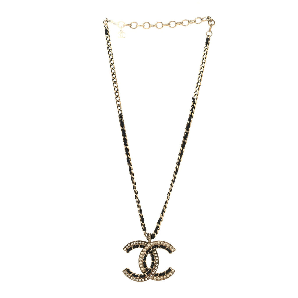 Metal Pearl Crystal Lambskin CC Chain Necklace Gold Black White