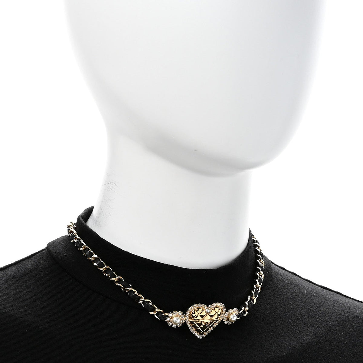 Metal Lambskin Glass Pearl Strass Heart Choker Gold Black