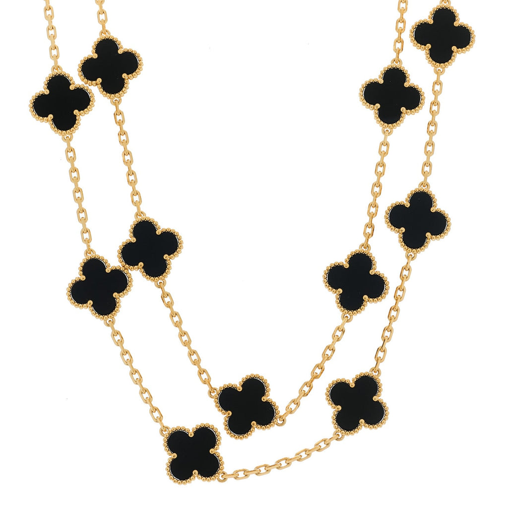 18K Yellow Gold Black Onyx 20 Motifs Vintage Alhambra Necklace