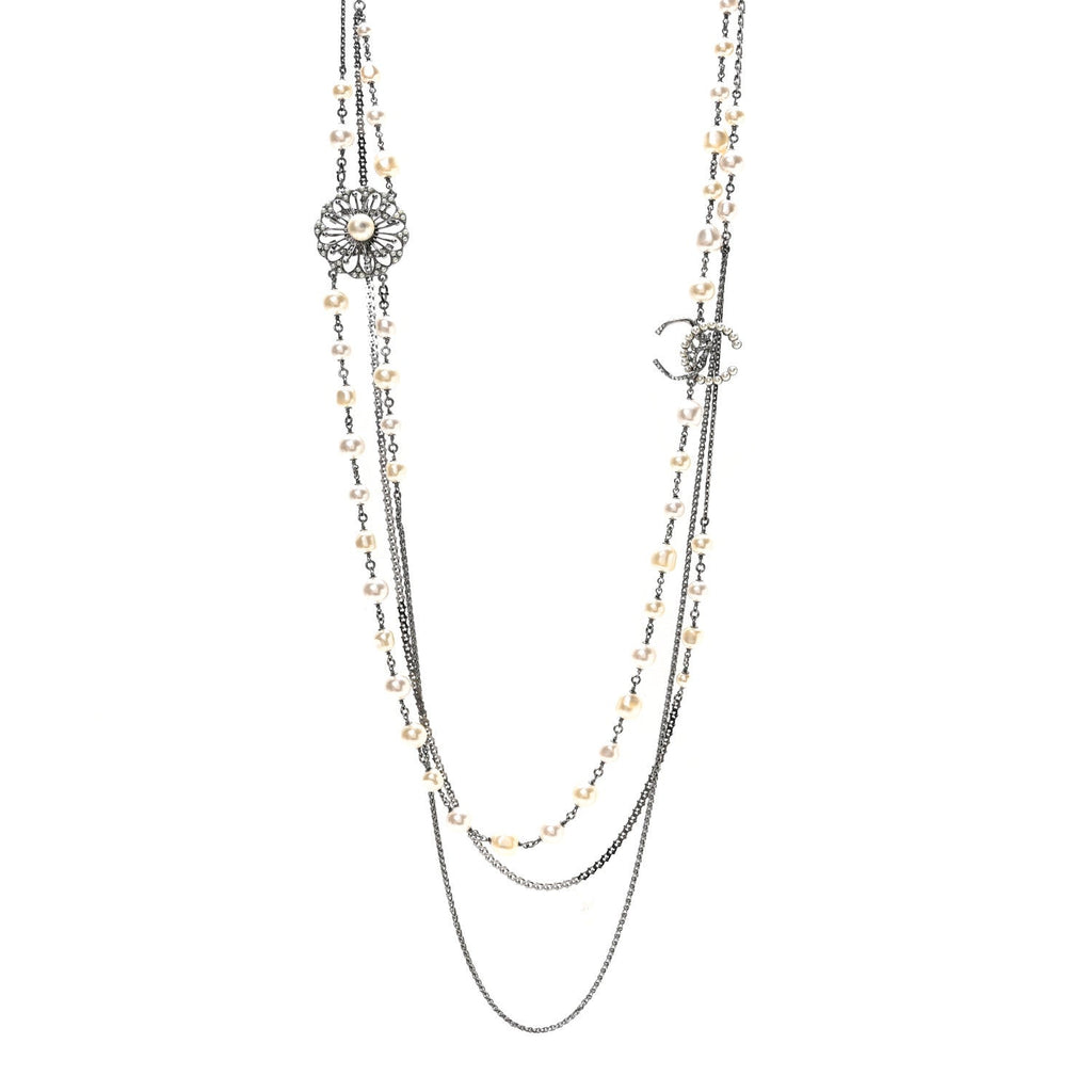 Glass Pearl Crystal CC Leaf Multi Strand Long Necklace Ruthenium