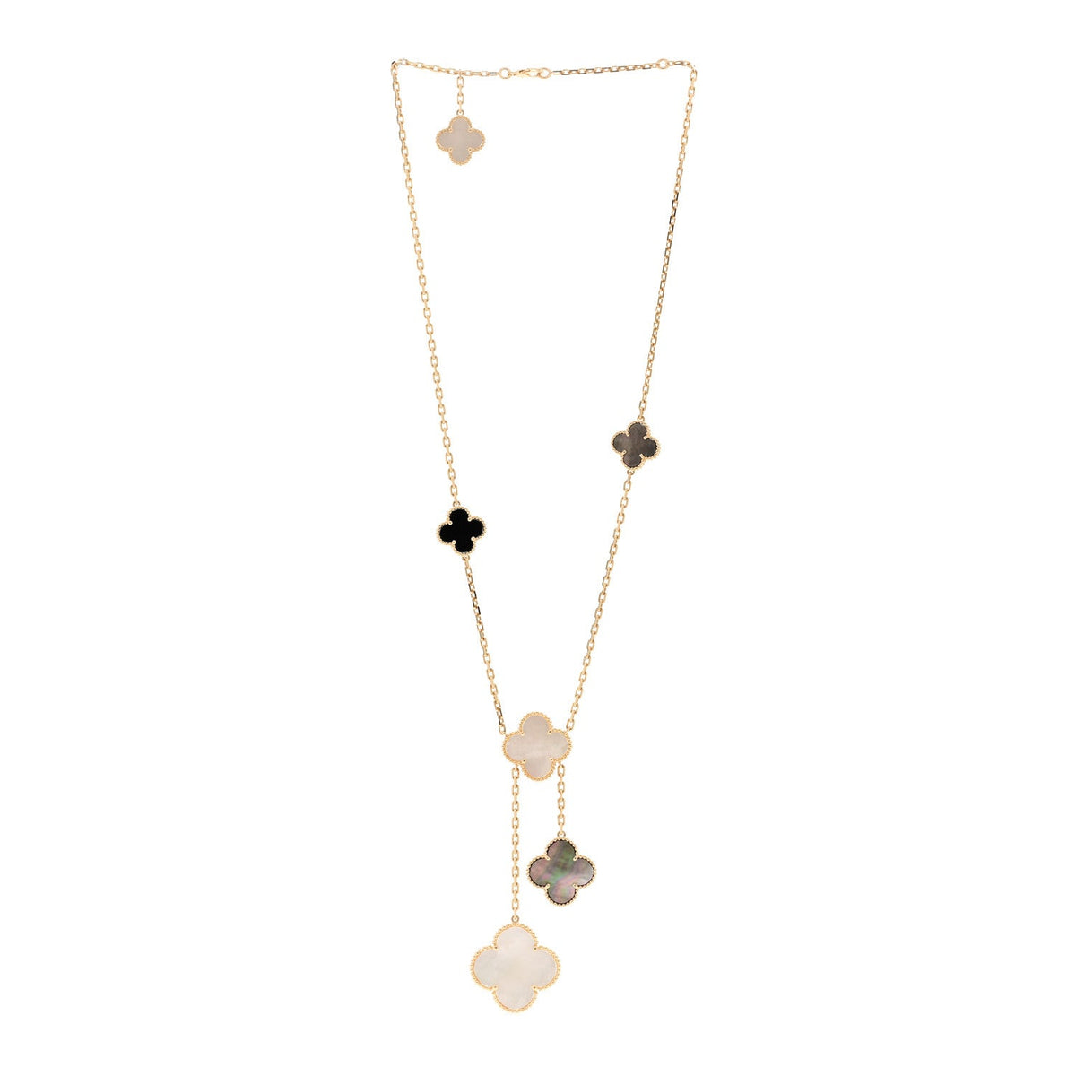 18K Yellow Gold Mother of Pearl Onyx 6 Motifs Magic Alhambra Necklace