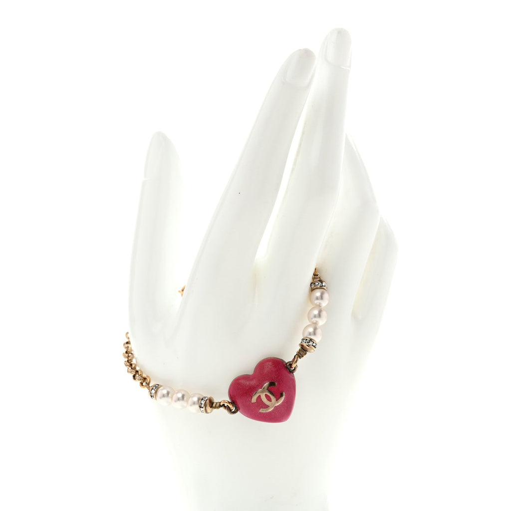 Resin Crystal Pearl Chain Heart CC Bracelet Pink White Gold