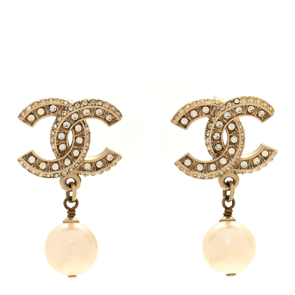 Crystal Timeless CC Pearl Drop Earrings Light Gold