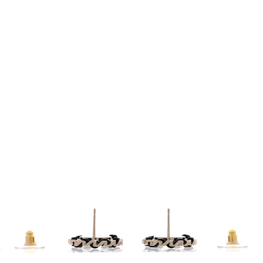 Crystal Lambskin Chain CC Stud Earrings Black Gold