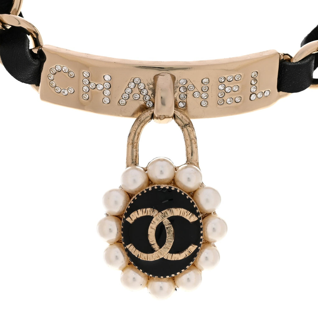 Crystal Pearl Lambskin CC Chain Choker Gold Black Pearly White