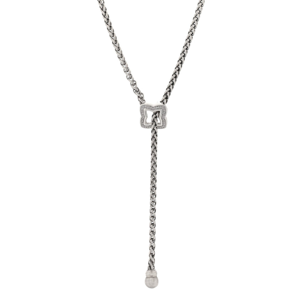Sterling Silver Diamond Quatrefoil Lariat Wheat Chain Necklace