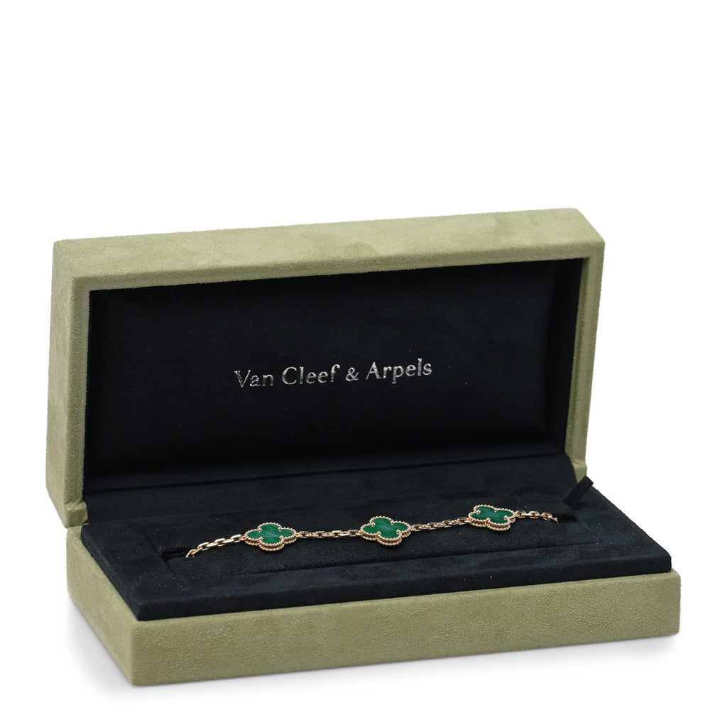 18K Yellow Gold Malachite 5 Motifs Vintage Alhambra Bracelet