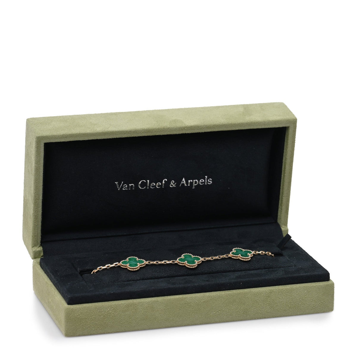 18K Yellow Gold Malachite 5 Motifs Vintage Alhambra Bracelet