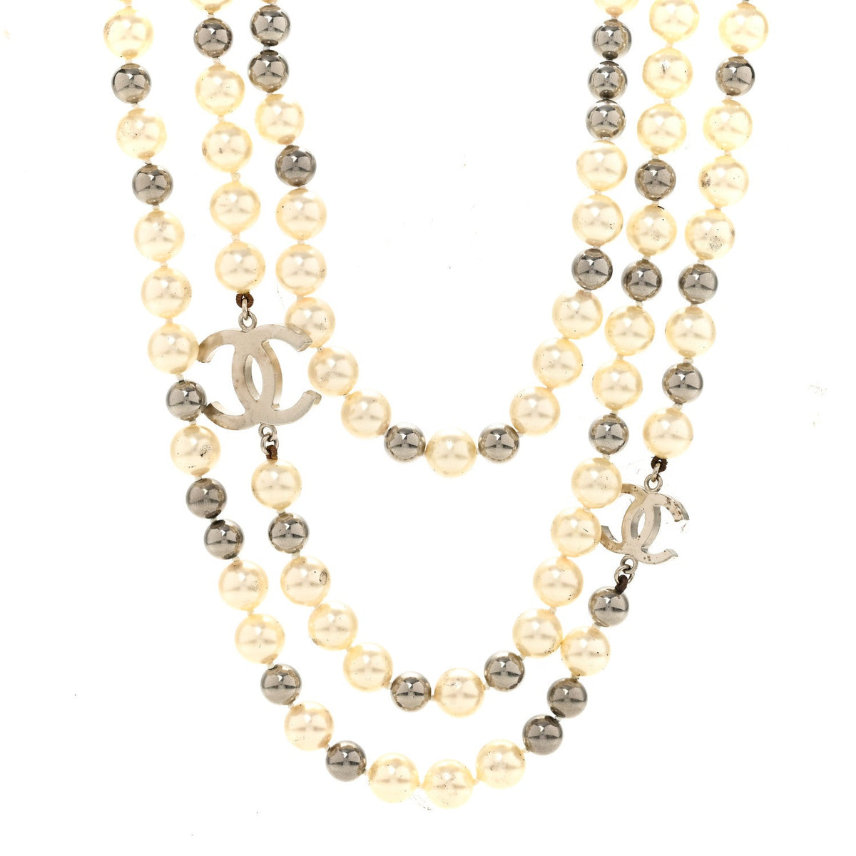 Pearl CC Multi Strand Long Necklace Silver Pearly White Grey