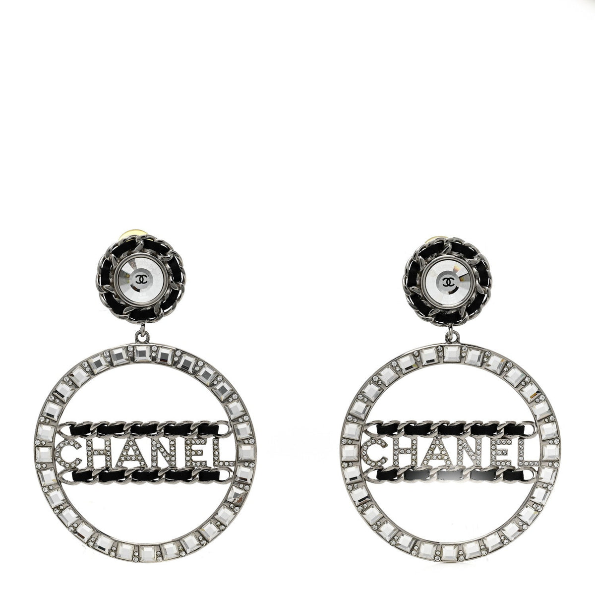 Crystal Lambskin Chain CC Hoop Clip On Earrings Black Silver