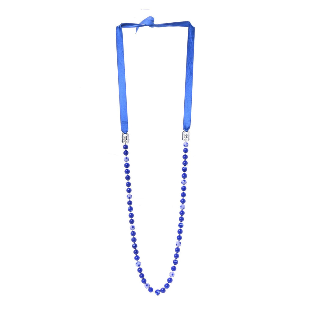 Pearl Beaded Ribbon Necklace Blue