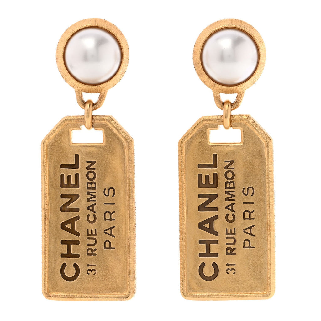 Pearl CC Tags Drop Earrings Gold