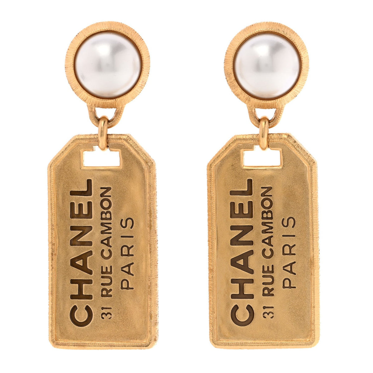 Pearl CC Tags Drop Earrings Gold