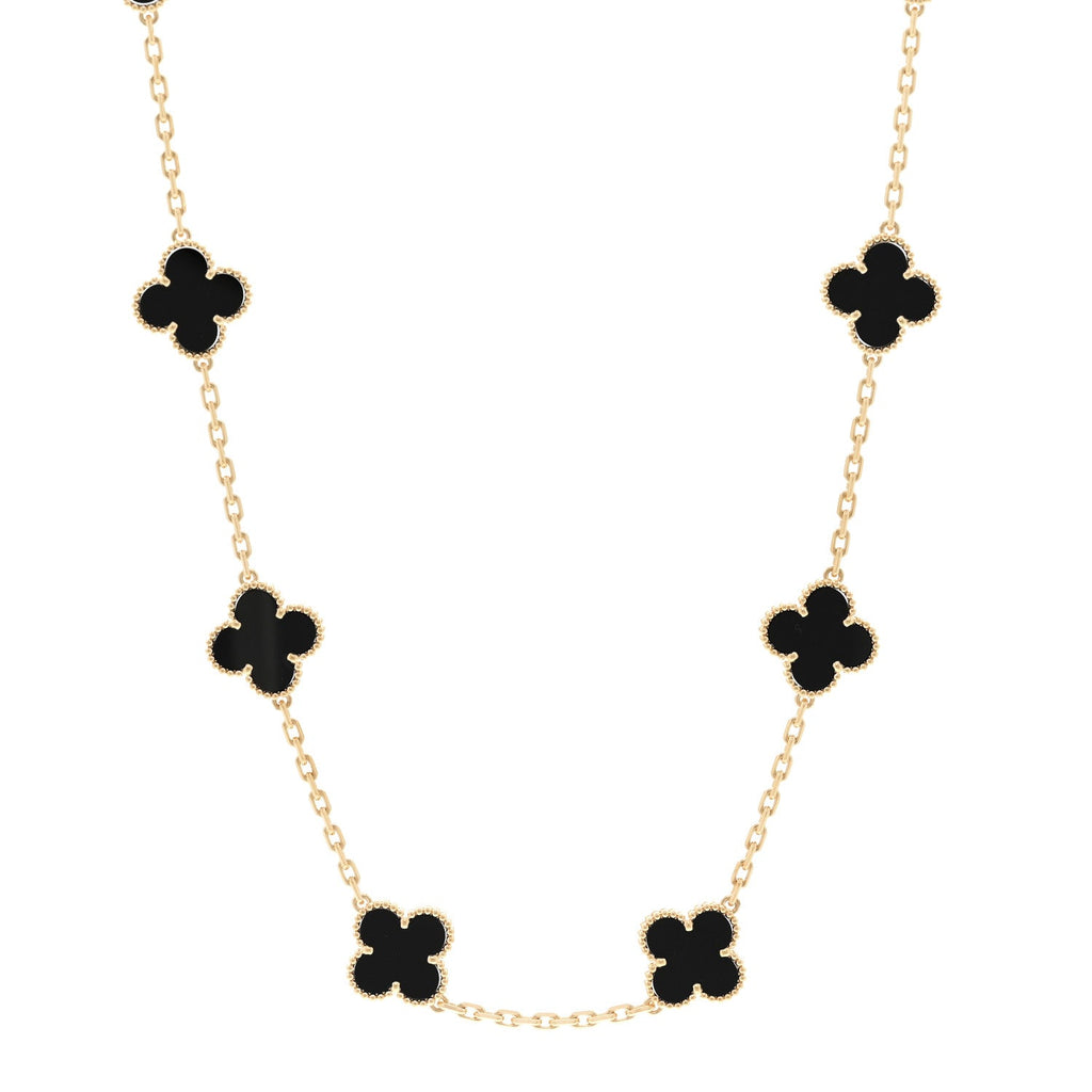 18K Yellow Gold Black Onyx 10 Motifs Vintage Alhambra Necklace
