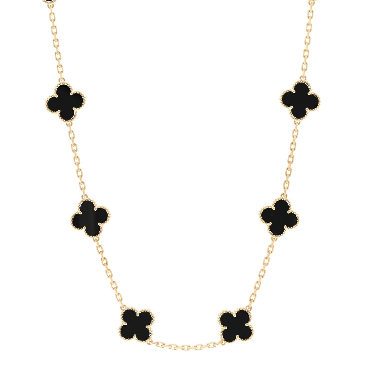 18K Yellow Gold Black Onyx 10 Motifs Vintage Alhambra Necklace