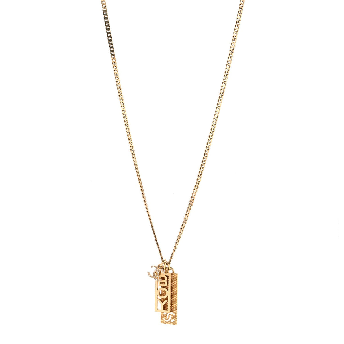Metal Crystal CC Boy Pendant Long Necklace Gold