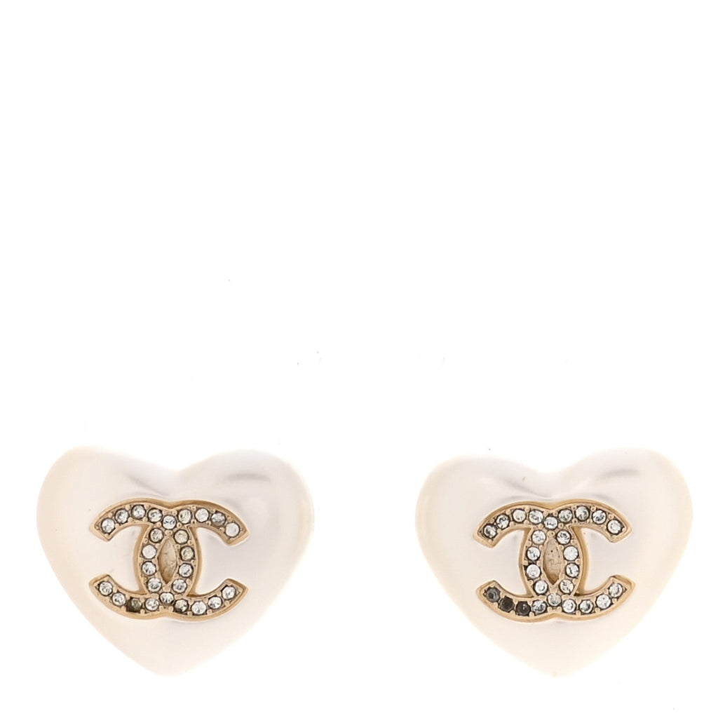Pearl Crystal CC Heart Earrings Gold