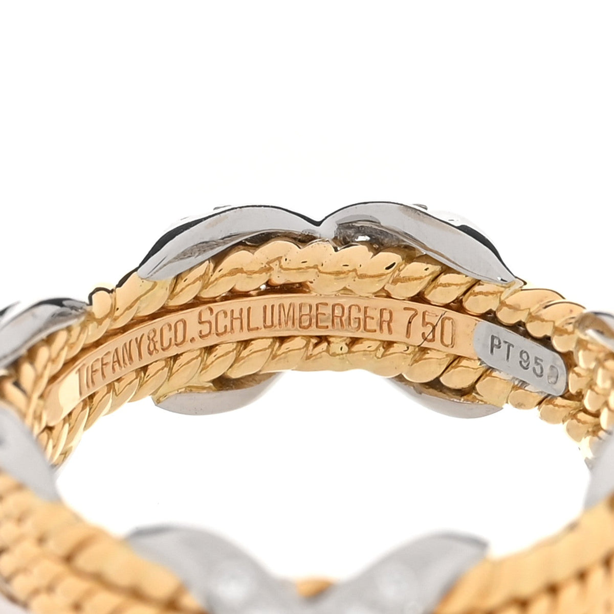 18K Yellow Gold Platinum Diamond Schlumberger Rope Three Row X Ring 52 6