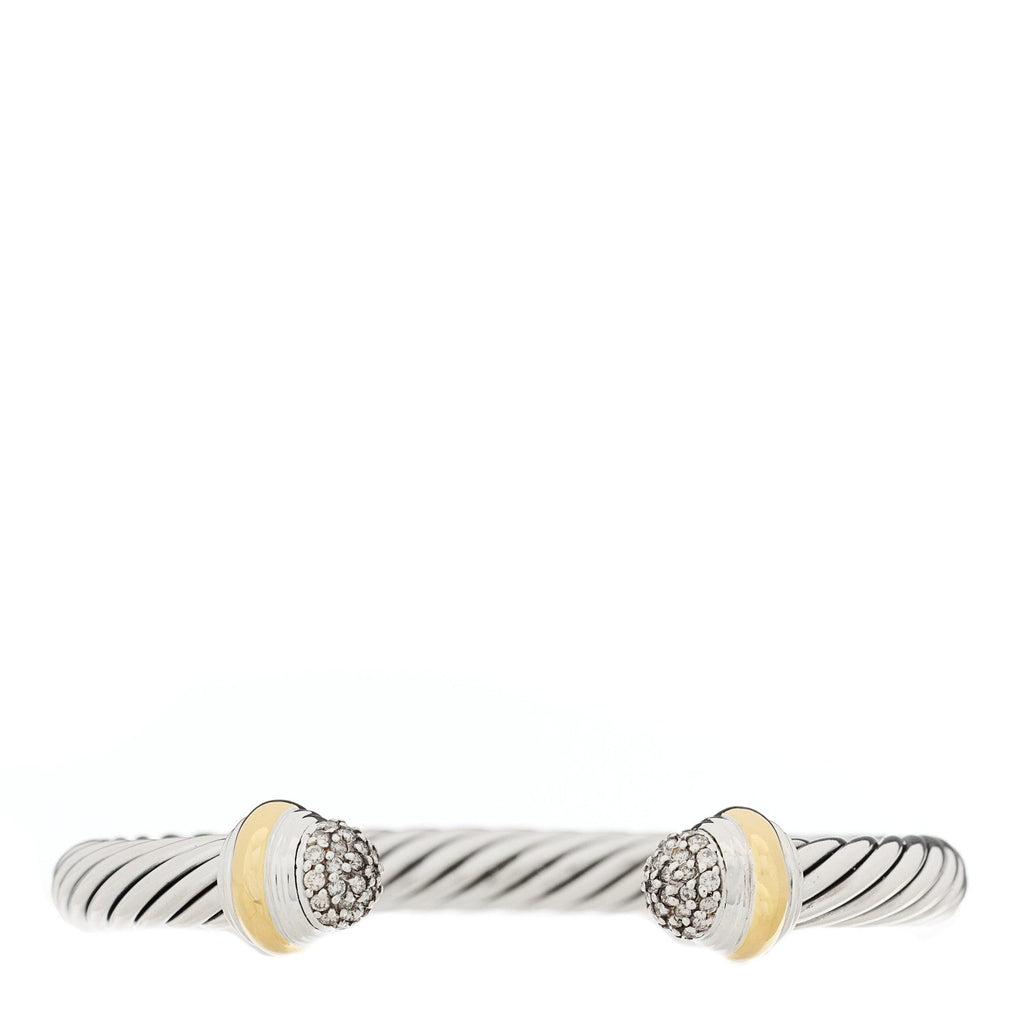 Sterling Silver 18K Yellow Gold Diamond Pave 7mm Cable Classics Bracelet