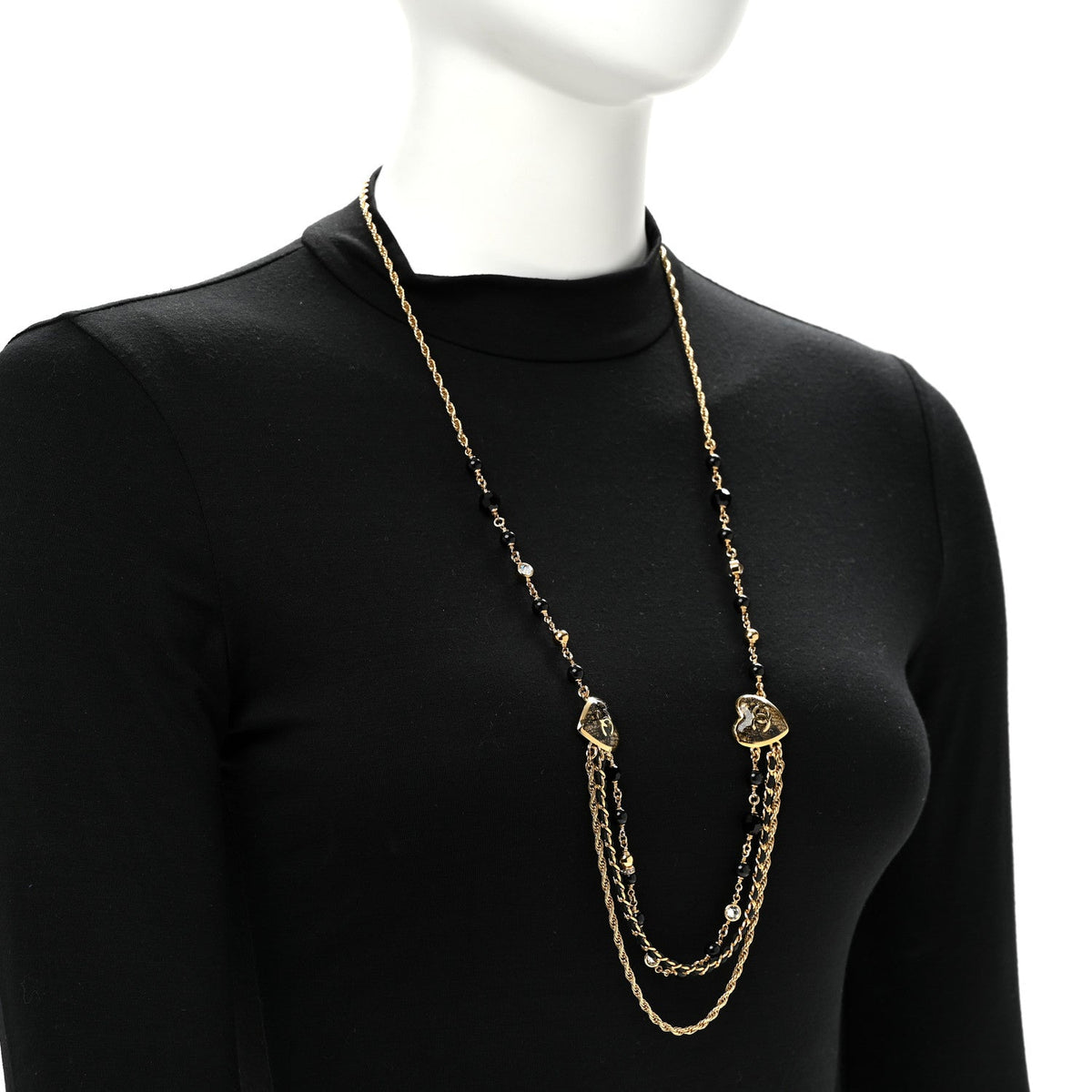 Crystal Beaded CC Heart Long Necklace Gold Black