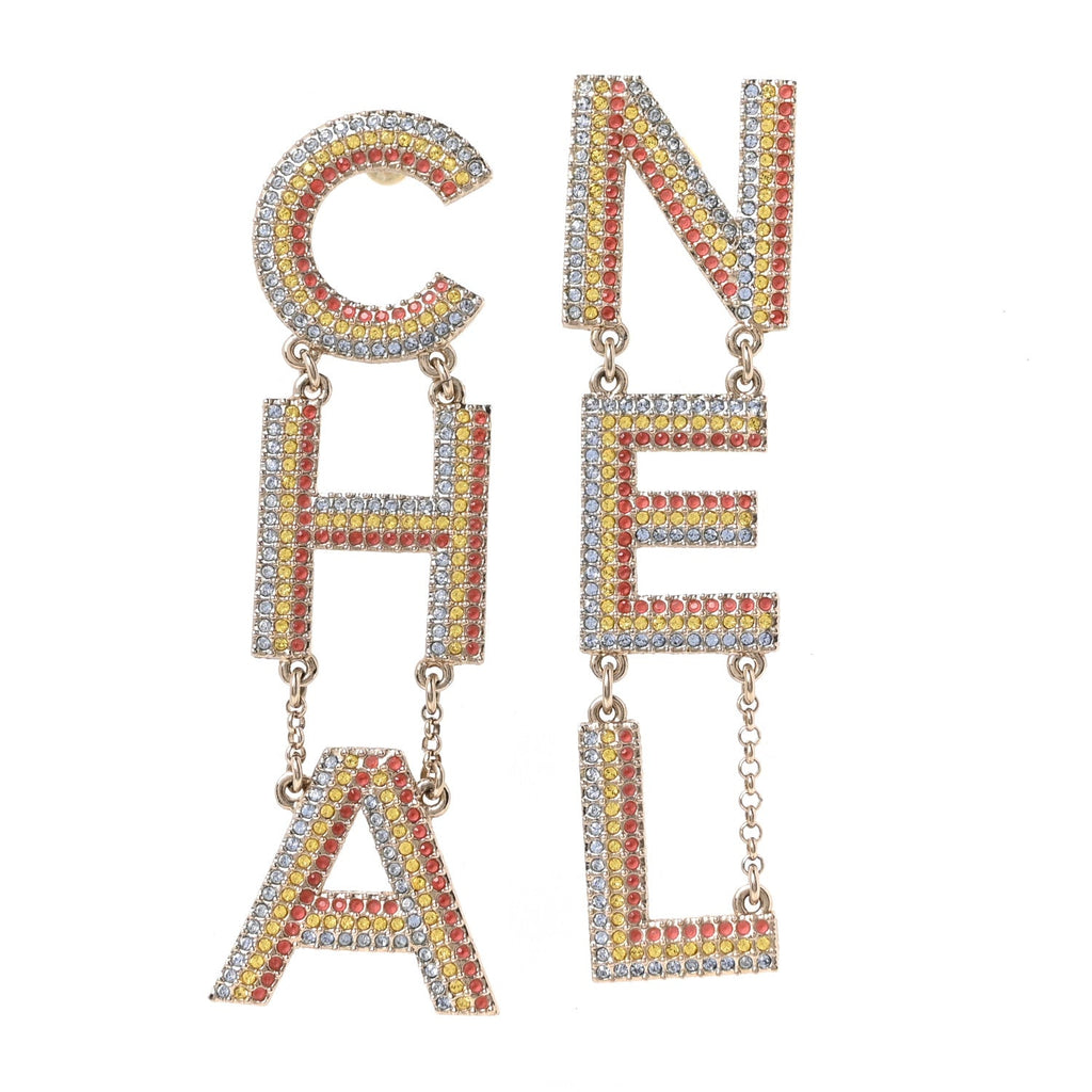 Metal Crystal Rainbow Cha-Nel Logo Drop Earrings Multicolor Gold