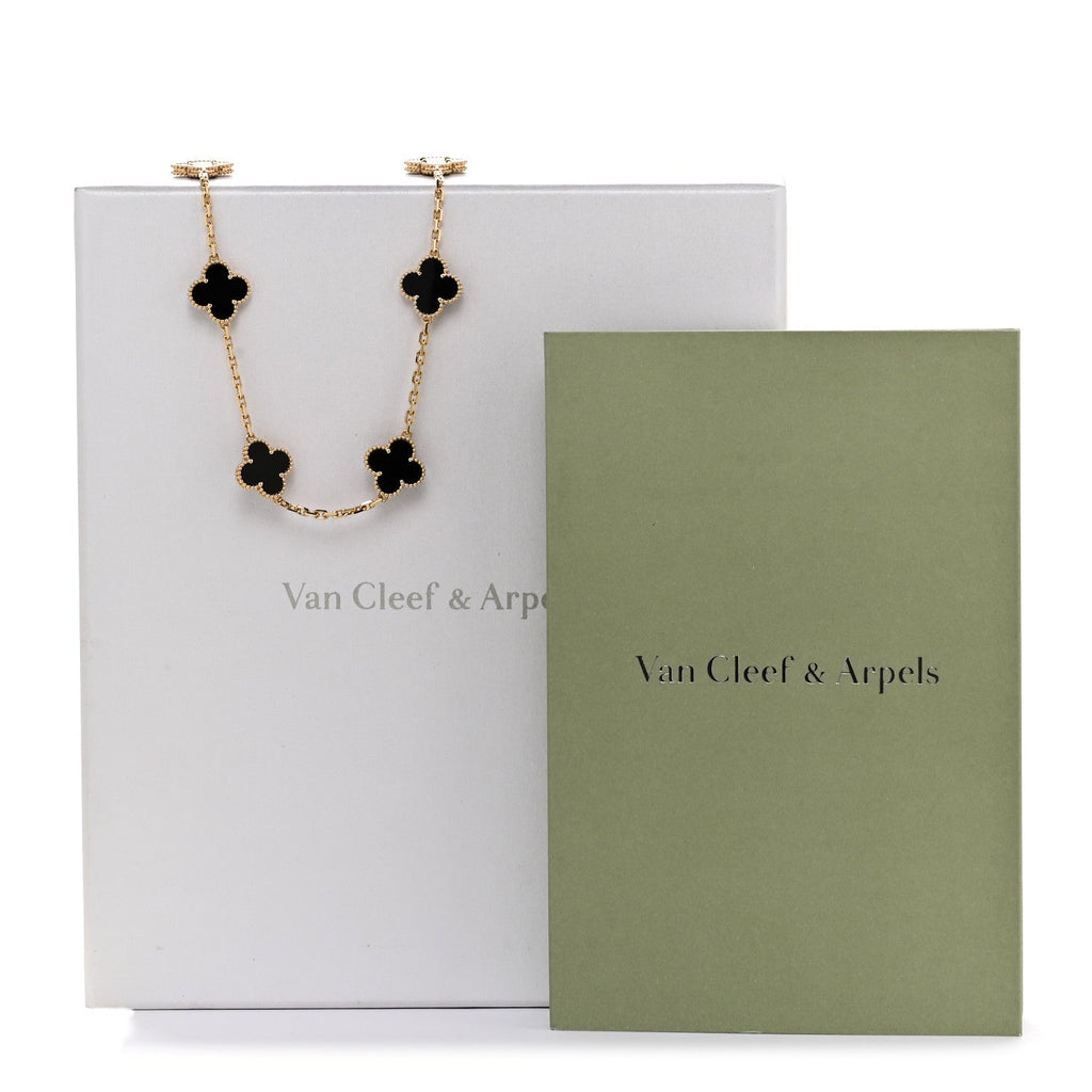 18K Yellow Gold Black Onyx 10 Motifs Vintage Alhambra Necklace