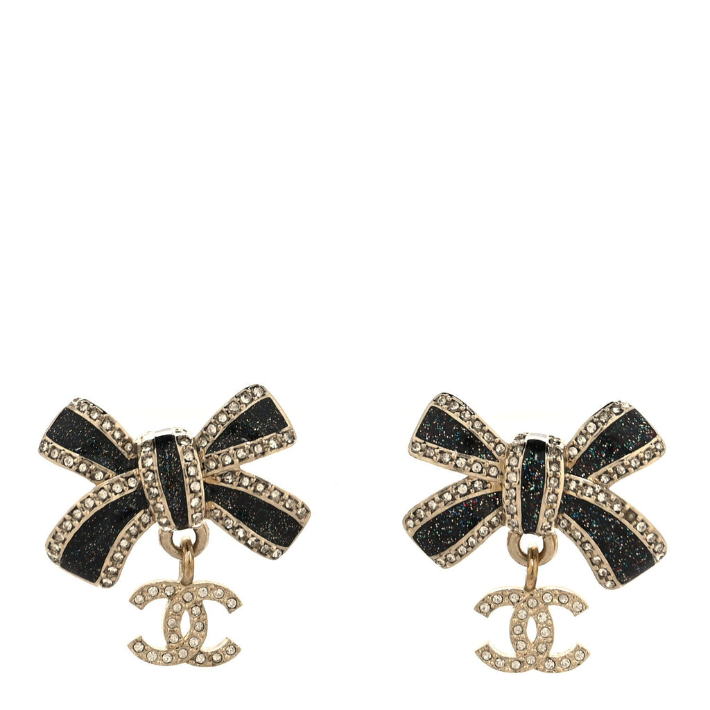 Crystal Glitter Bow Drop CC Earrings Gold Black