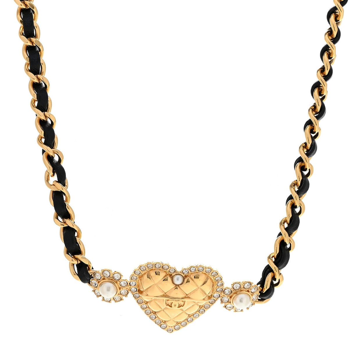 Metal Lambskin Glass Pearl Strass Heart Choker Gold Black