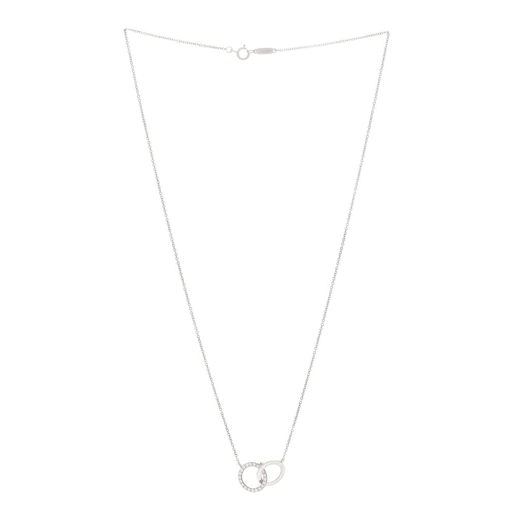 18K White Gold Diamond Double Interlocking Circles Pendant Necklace