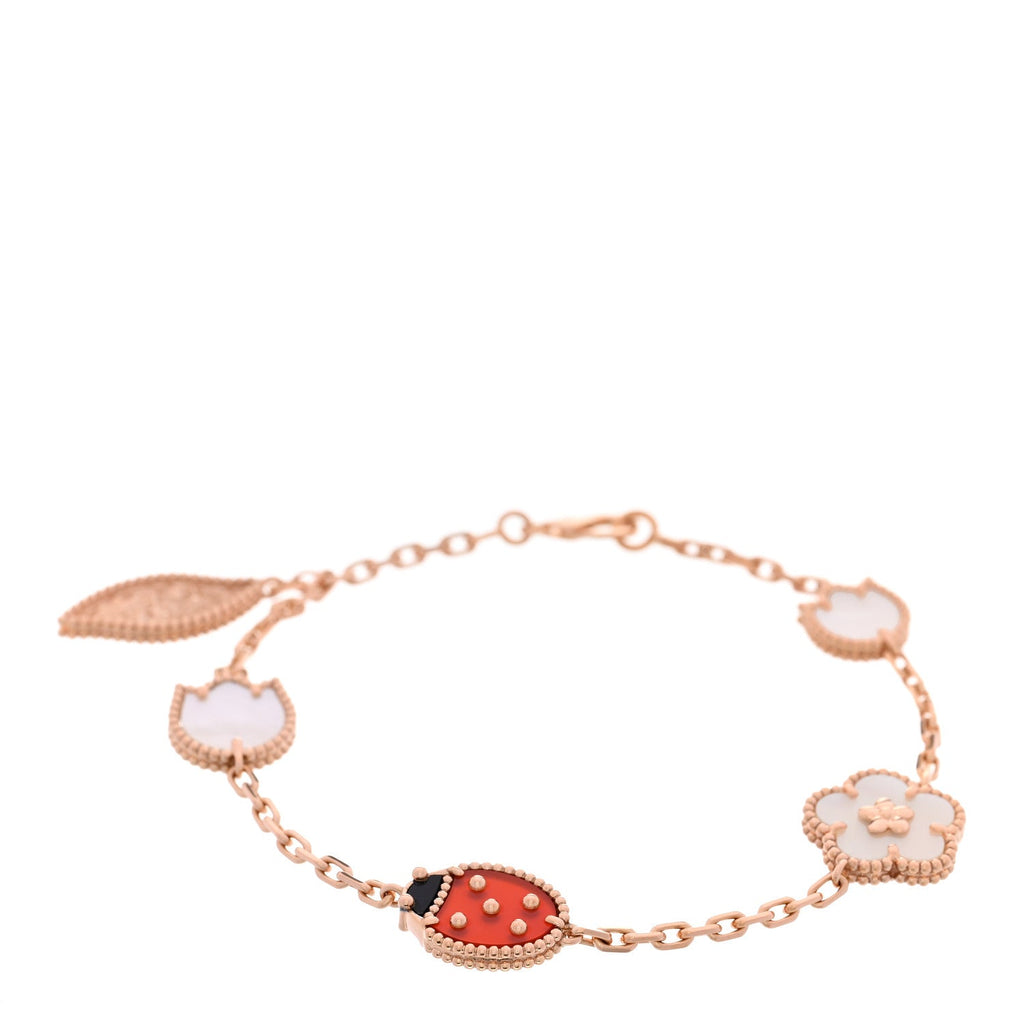 18K Rose Gold Carnelian Mother of Pearl Onyx 5 Motifs Lucky Spring Bracelet