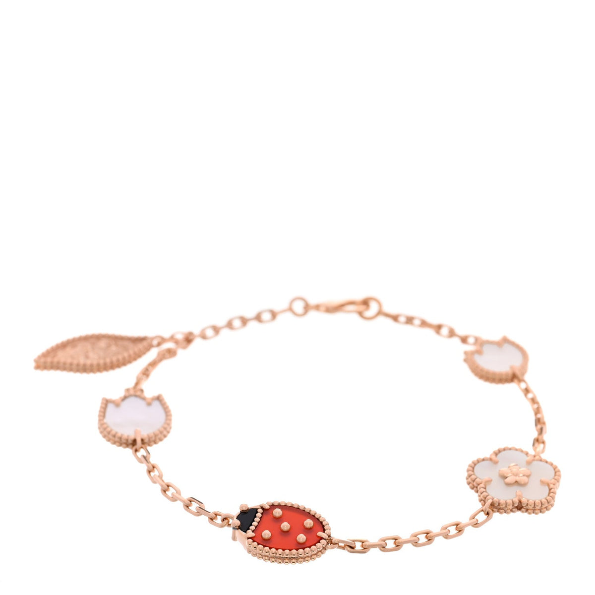 18K Rose Gold Carnelian Mother of Pearl Onyx 5 Motifs Lucky Spring Bracelet