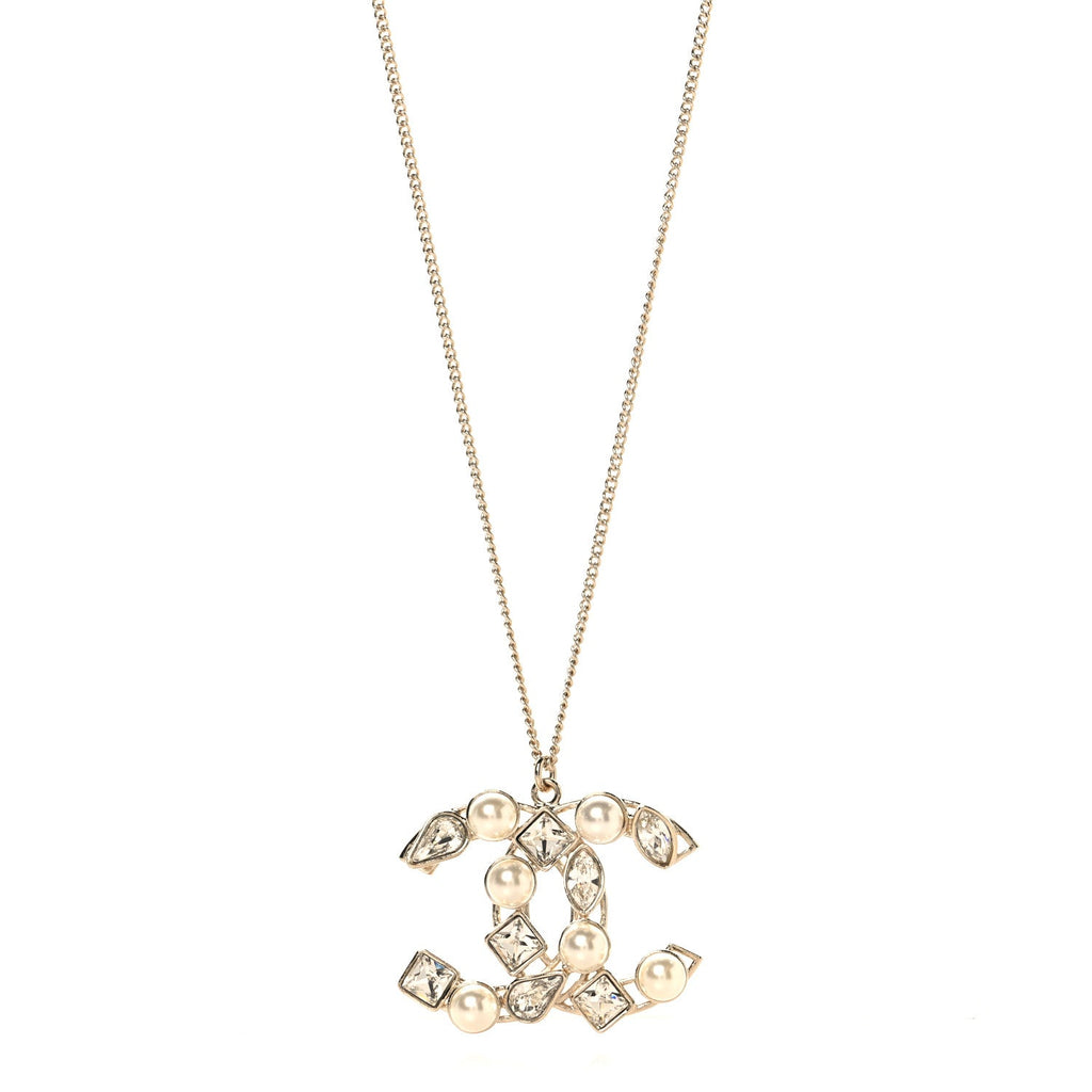 Crystal Pearl CC Pendant Necklace Gold