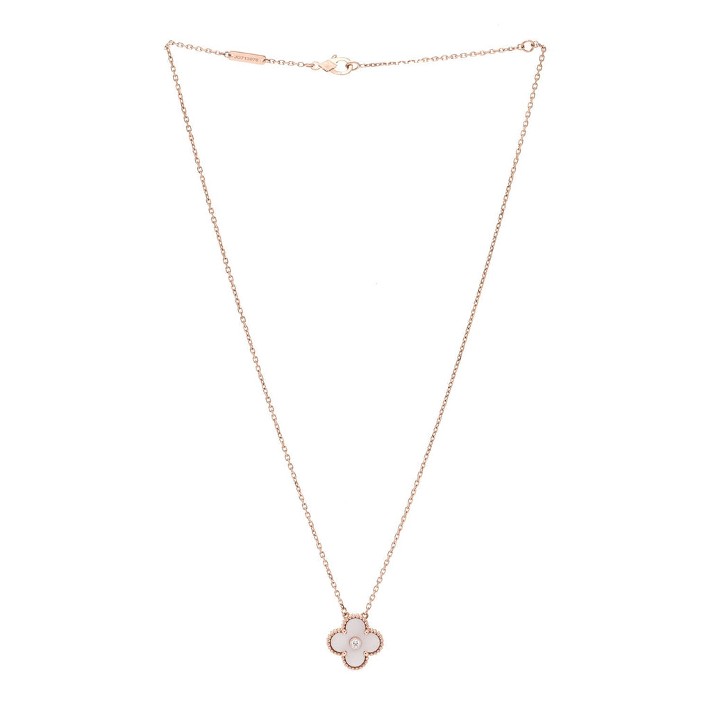 18K Rose Gold Diamond Pink Mother of Pearl Vintage Alhambra Pendant Necklace