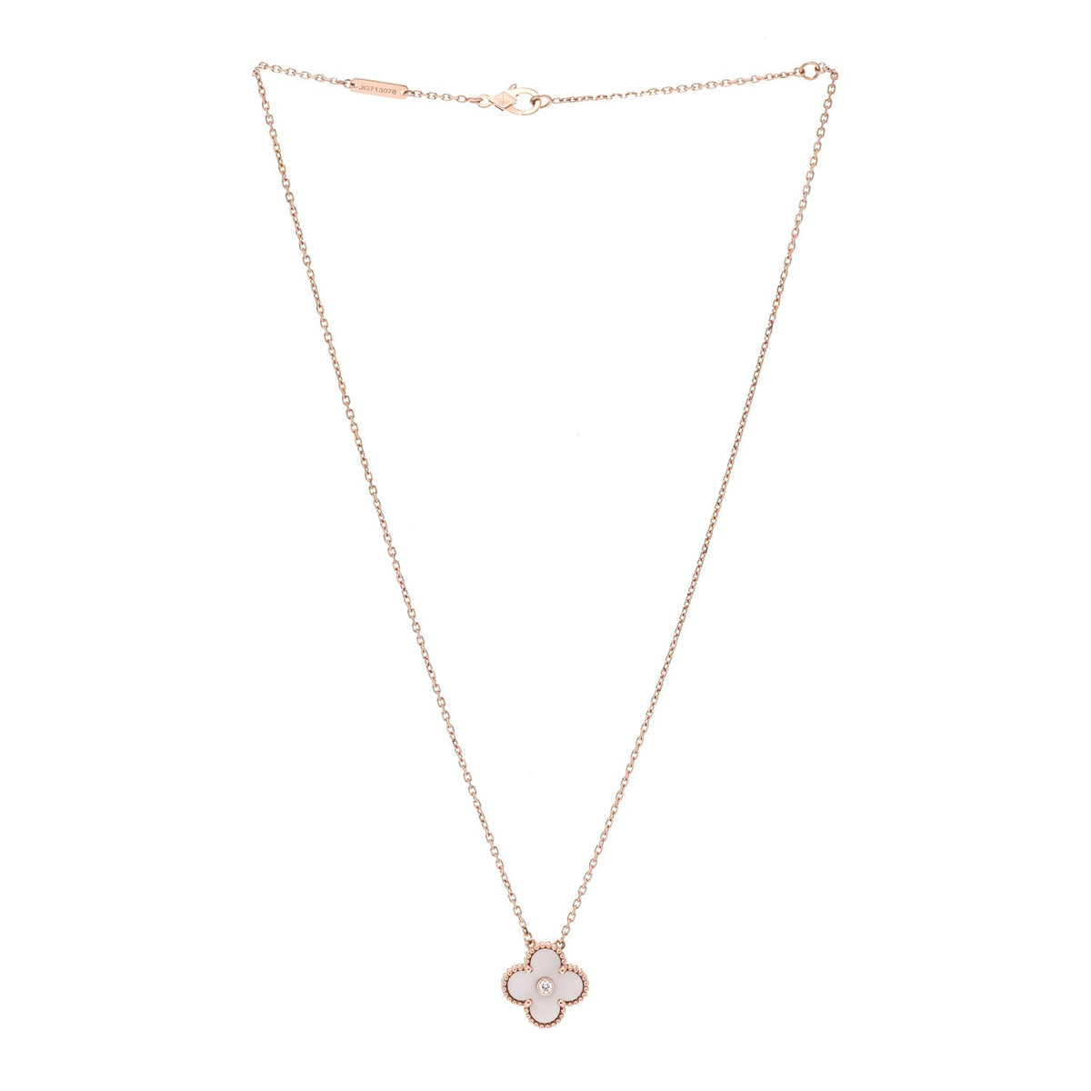 18K Rose Gold Diamond Pink Mother of Pearl Vintage Alhambra Pendant Necklace