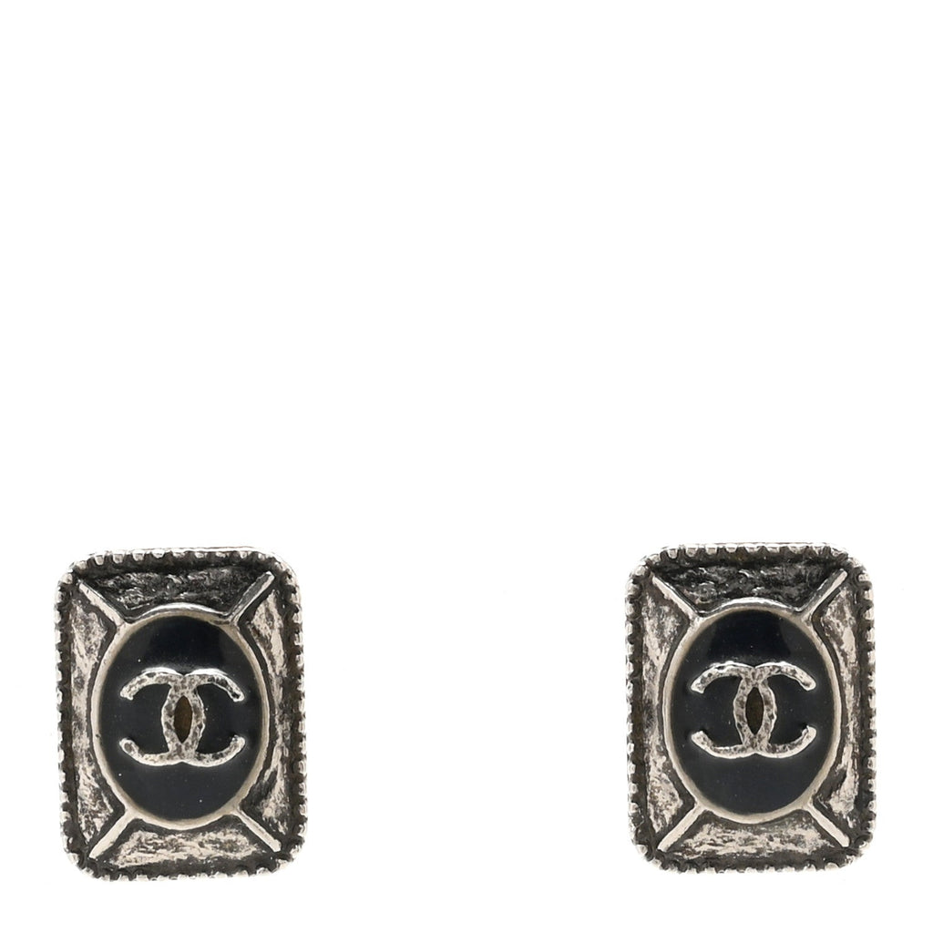 Enamel CC Clip On Earrings Black Silver