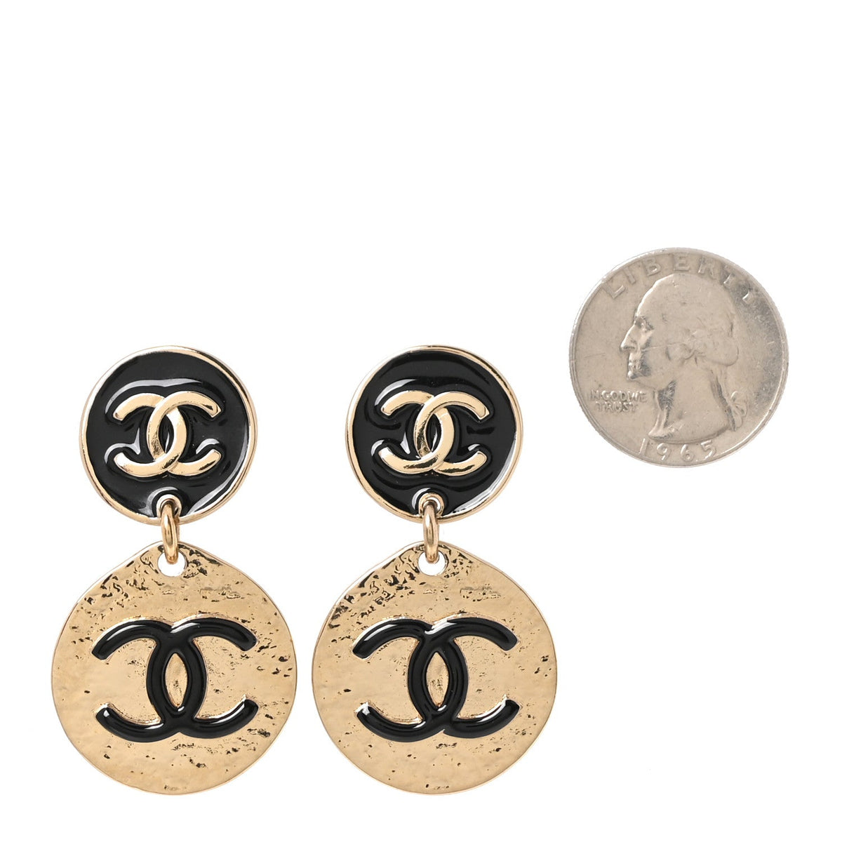 Enamel CC Disc Drop Earrings Gold Black