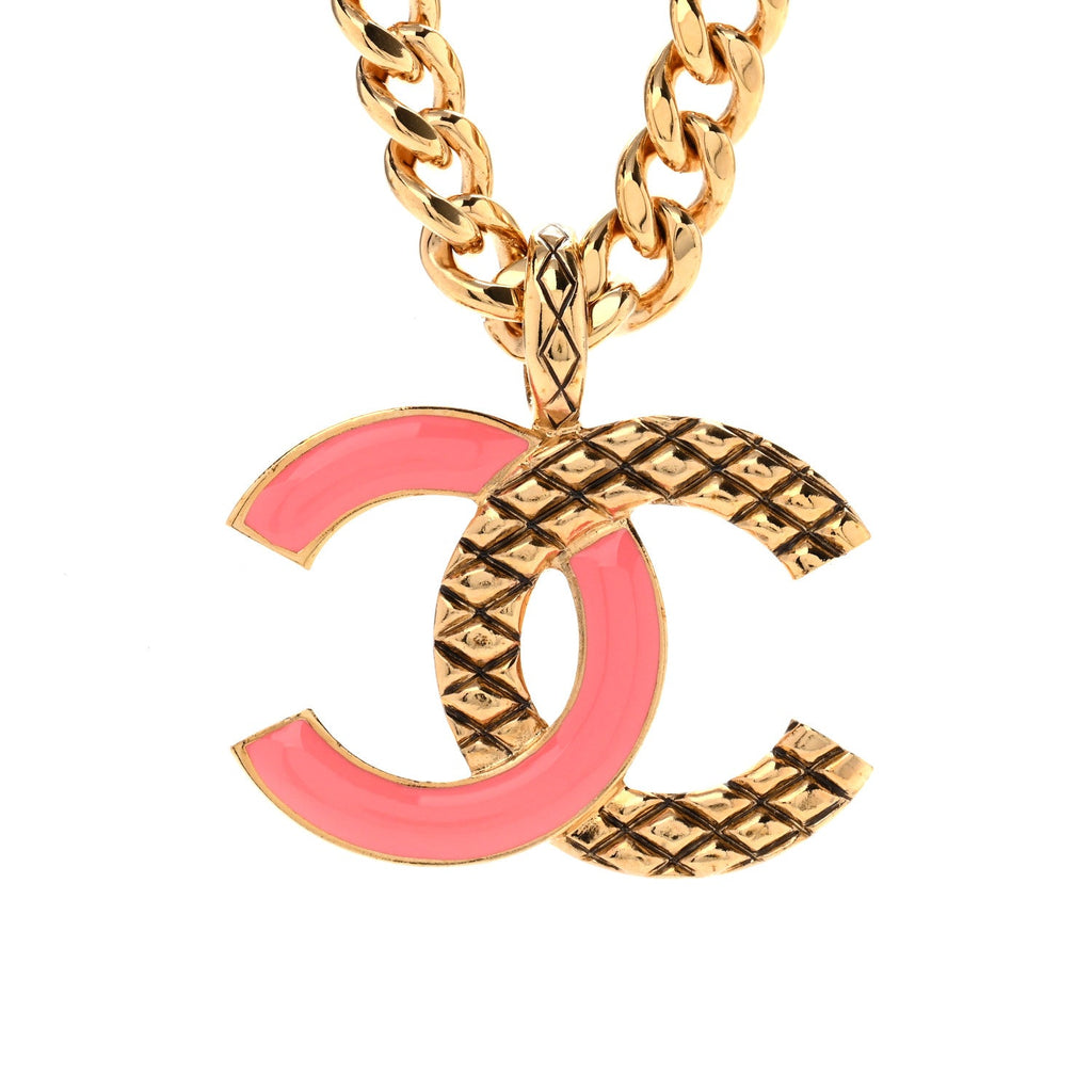Metal Enamel Quilted CC Chain Necklace Pendant Gold Pink