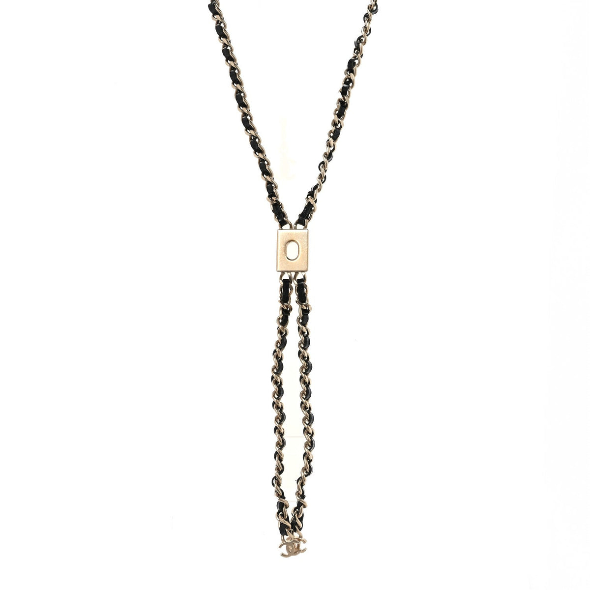 Metal Lambskin CC Lariat Necklace Black Gold