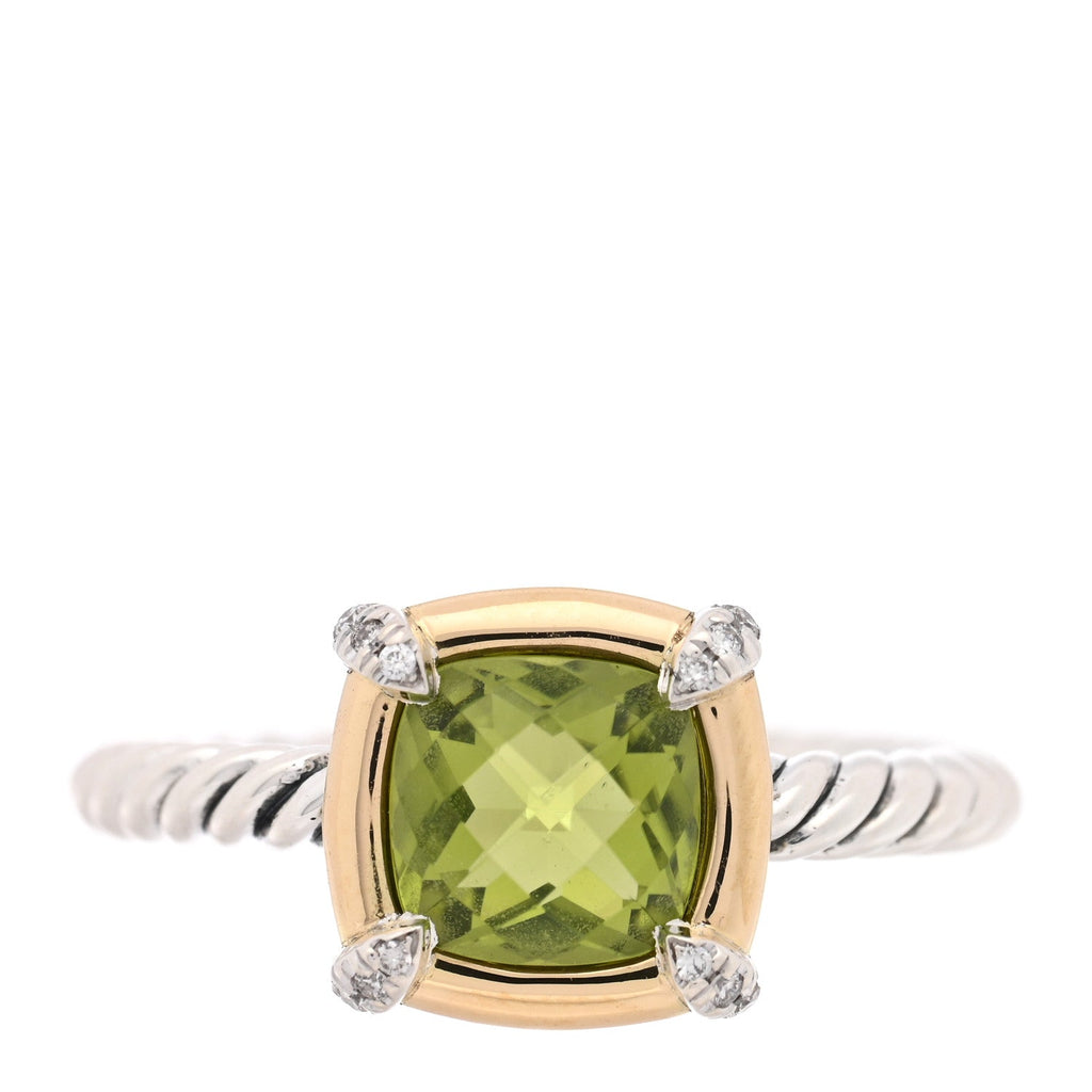 Sterling Silver 18K Yellow Gold Diamond Peridot 7mm Chatelaine Bezel Ring 53 6.25