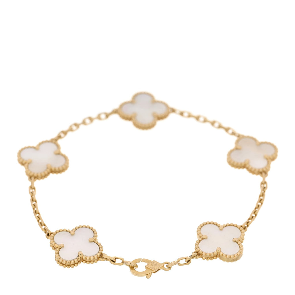 18K Yellow Gold Mother of Pearl 5 Motifs Vintage Alhambra Bracelet