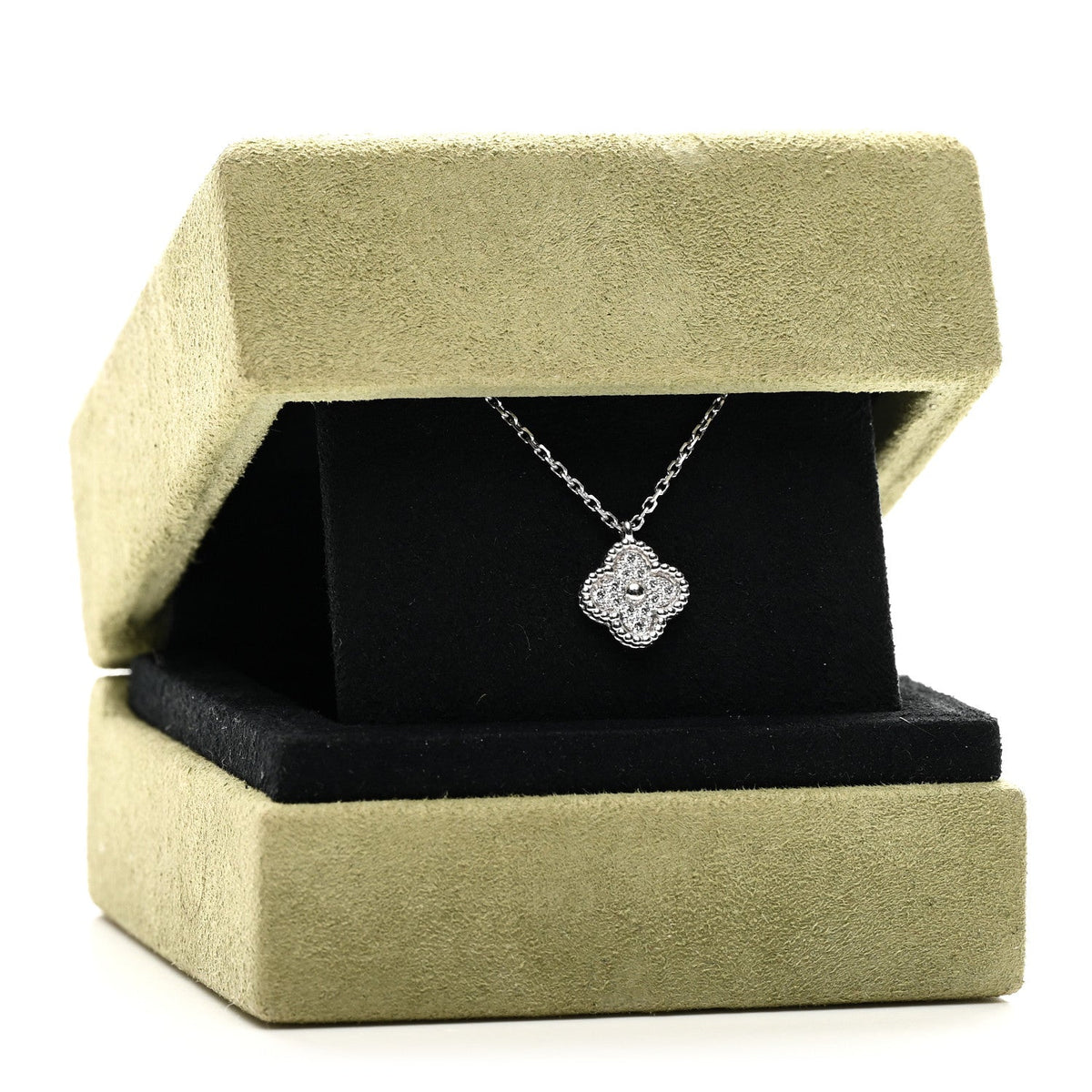 18K White Gold Diamond Sweet Alhambra Pendant Necklace