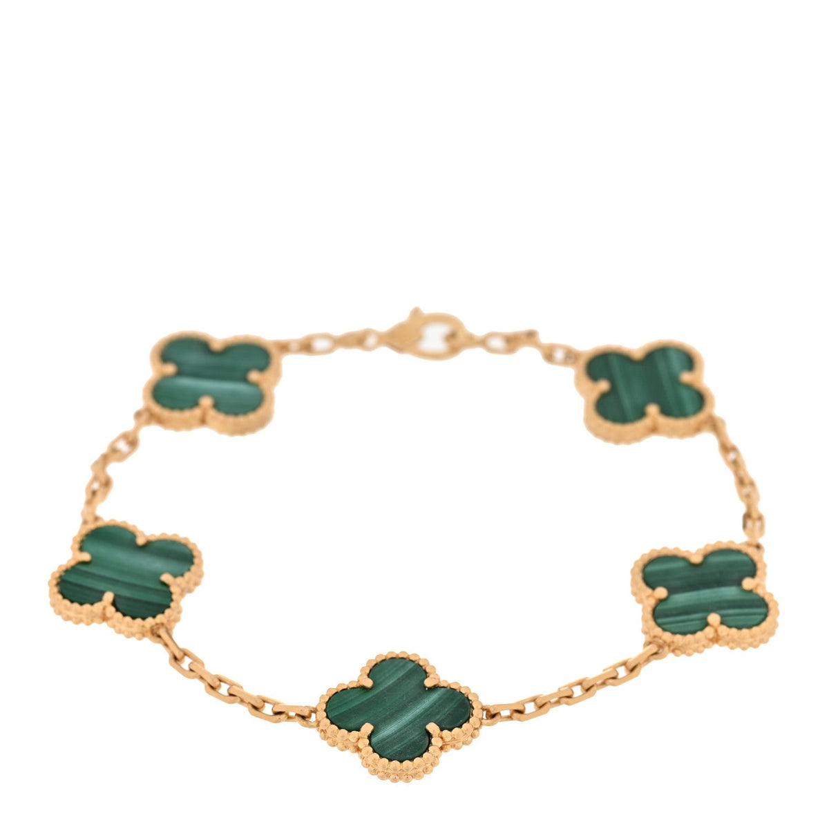 18K Yellow Gold Malachite 5 Motifs Vintage Alhambra Bracelet