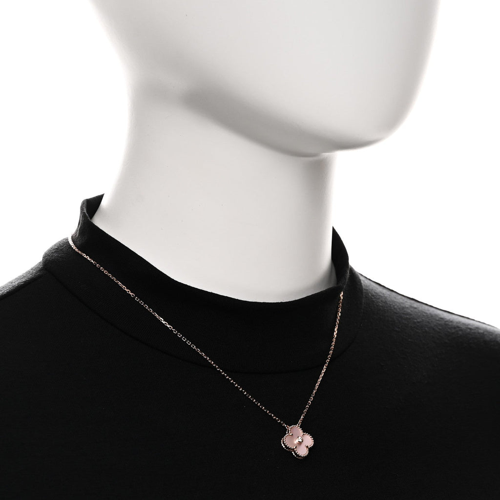 18K Rose Gold Diamond Pink Mother of Pearl Vintage Alhambra Pendant Necklace