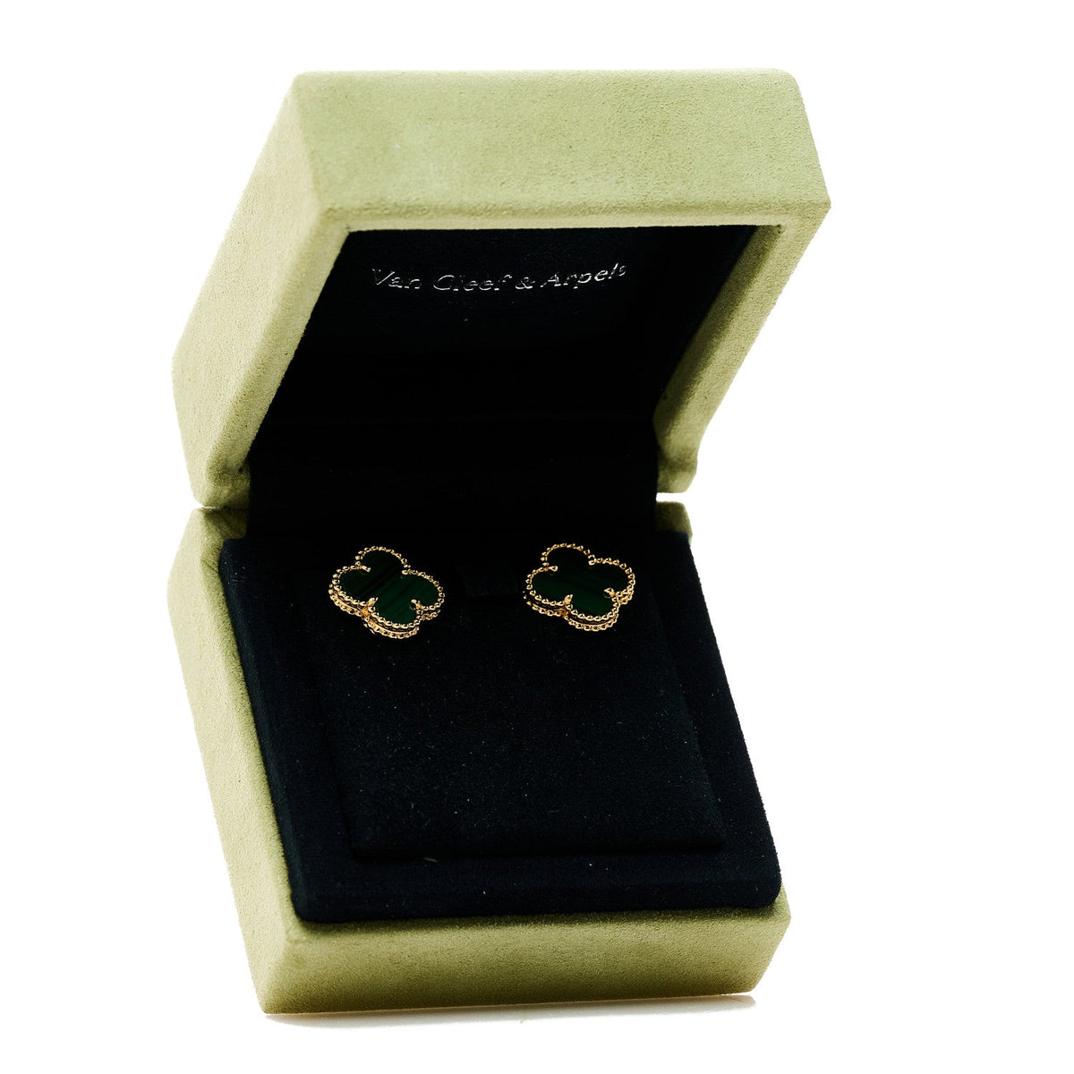 18K Yellow Gold Malachite Vintage Alhambra Earrings