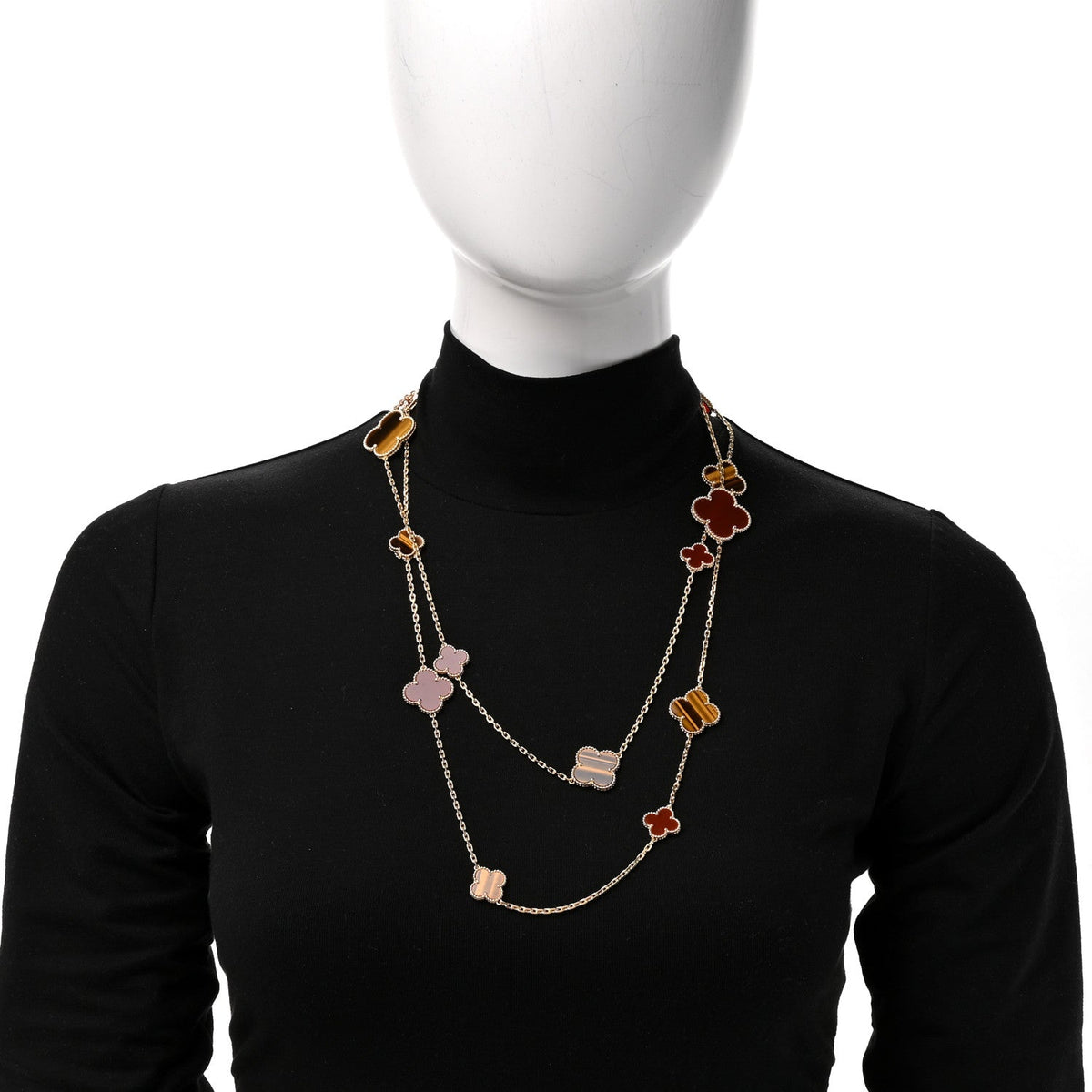 18K Yellow Gold Tiger Eye Carnelian 16 Motifs Magic Alhambra Necklace
