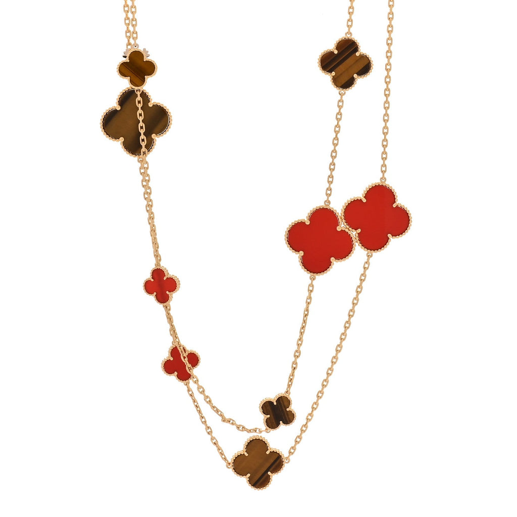 18K Yellow Gold Tiger Eye Carnelian 16 Motifs Magic Alhambra Necklace