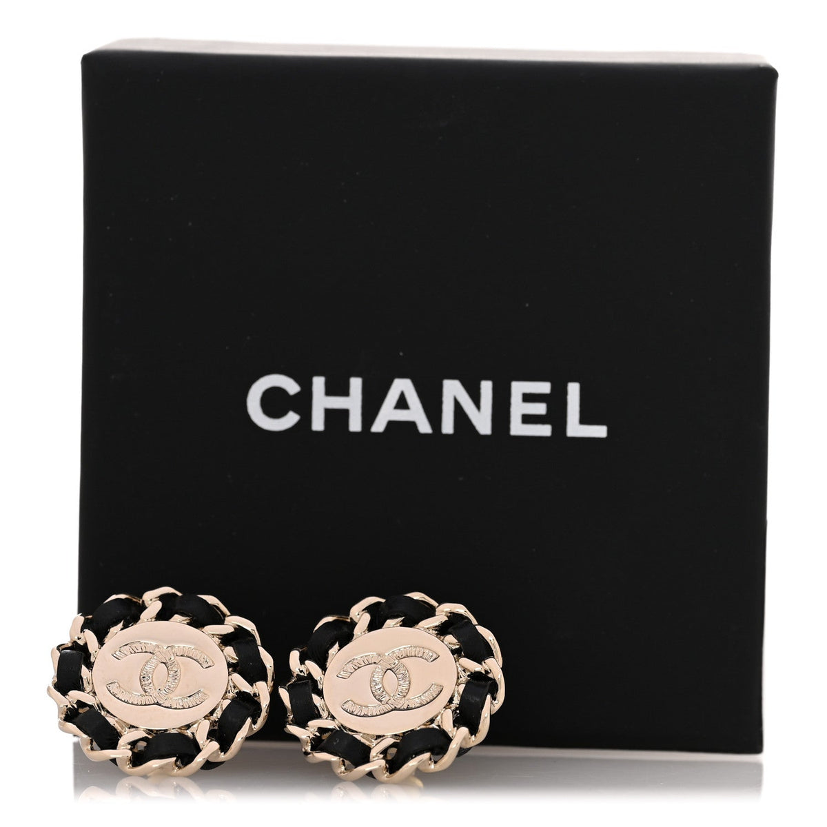 Crystal Lambskin Chain CC Stud Earrings Black Gold