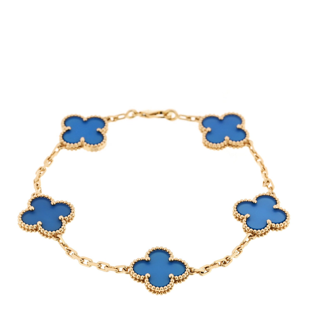 18K Yellow Gold Blue Agate 5 Motifs Vintage Alhambra Bracelet